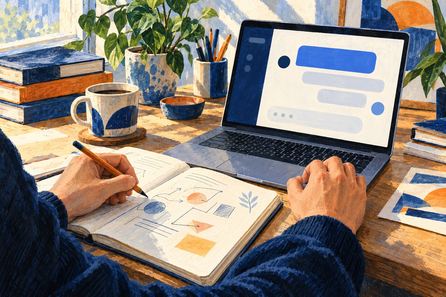 Illustration of a person planning and reviewing work beside an AI conversation
