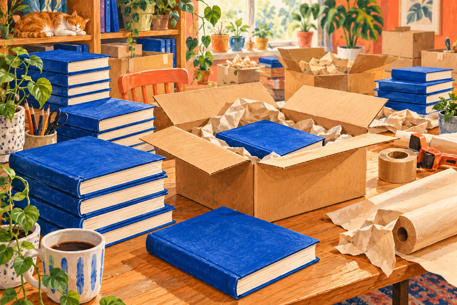 Illustration of books being packed for shipment