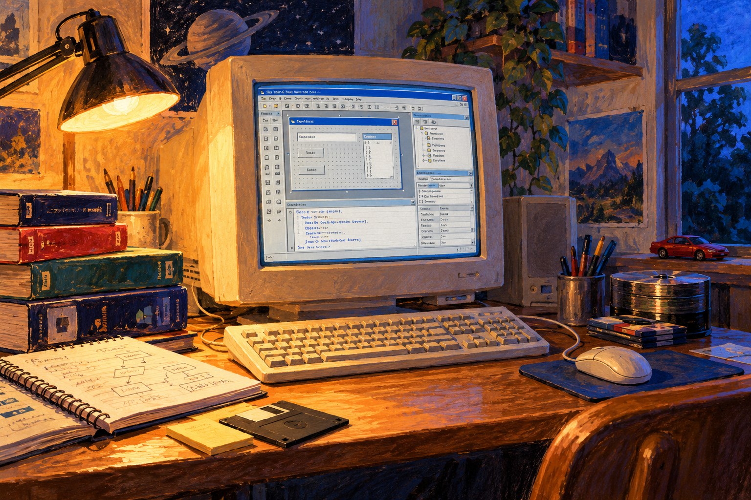 Illustration of a 1990s computer desk with a beige monitor and programming books