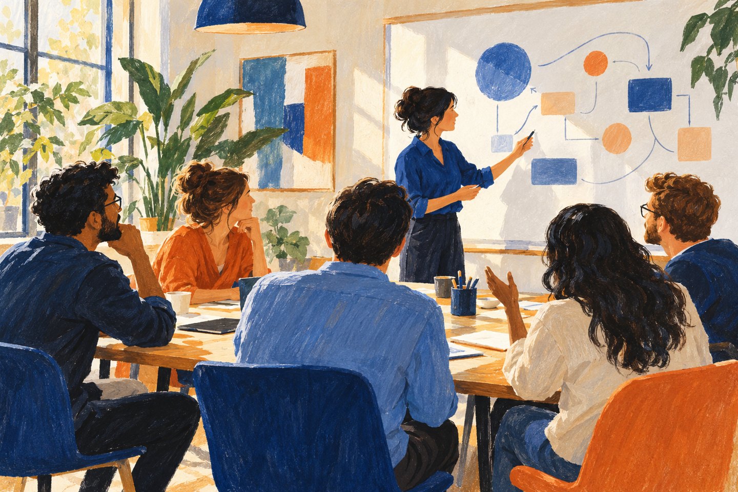 Illustration of people discussing ideas and a shared plan