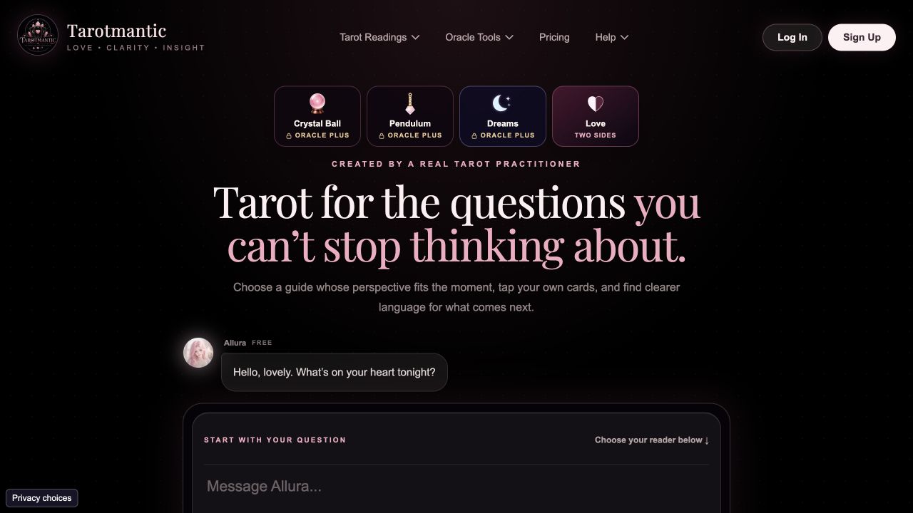 Tarotmantic’s public homepage